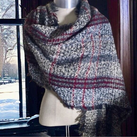 Boho Chunky Plaid Oversized Knit Scarf with Fringe | Cozy Winter Wrap 6’x3’ - Picture 14 of 16